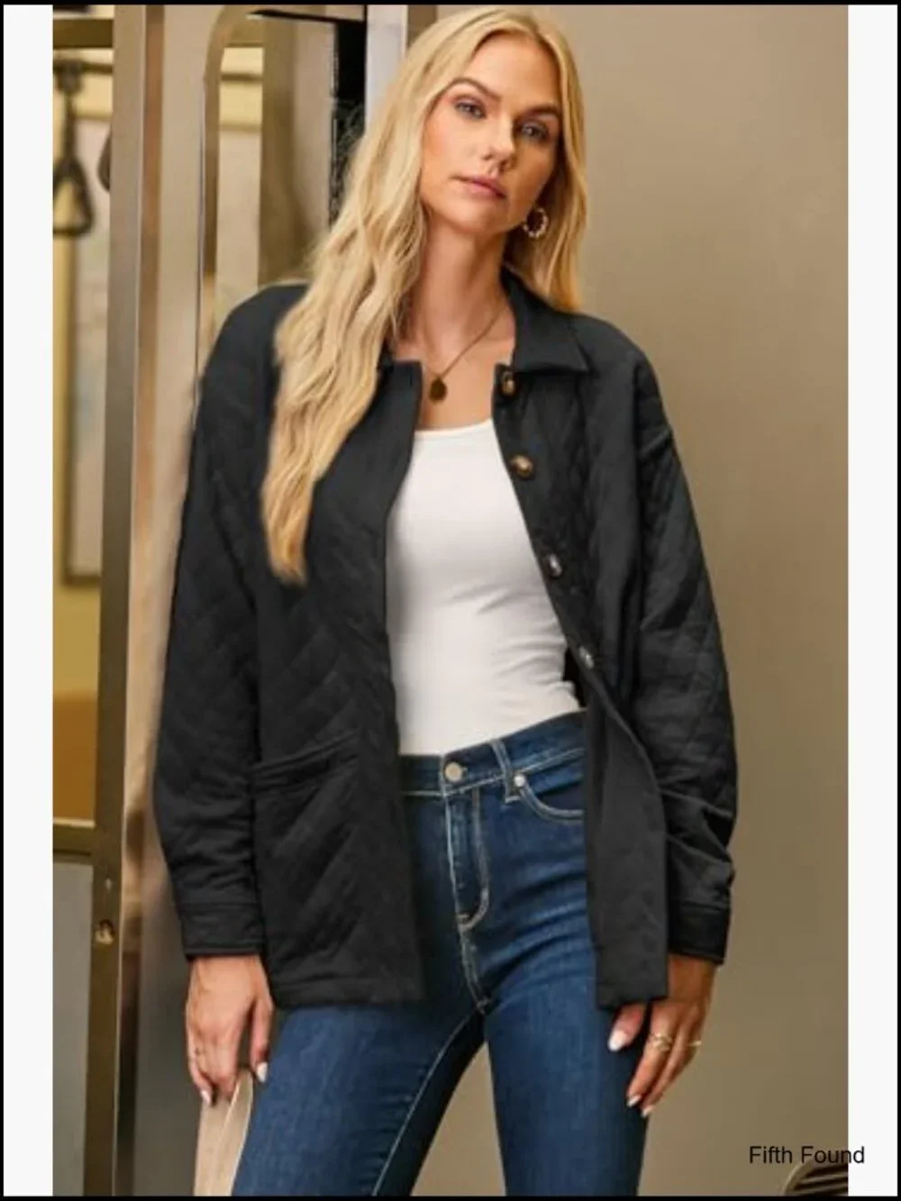 Quilted Button Down Long Sleeve Jacket with Pockets - Picture 2 of 7